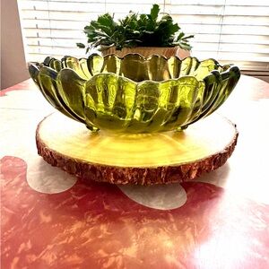 Vintage Indiana Glass Avocado Green Sunflower Pedestal Footed Glass Bowl Large!